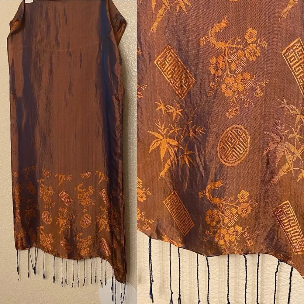 Orange Medallion chinese floral asian 100% Silk Scarf orange fringe 16x66
